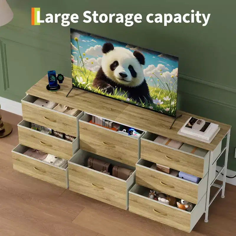 Mobile TV da 160 cm con 8 cassetti in tessuto, Centro Intrattenimento per TV da 45-65 pollici, Mobiletto Contenitore con Telaio in Metallo e Top in Legno per Soggiorno Camera da Letto