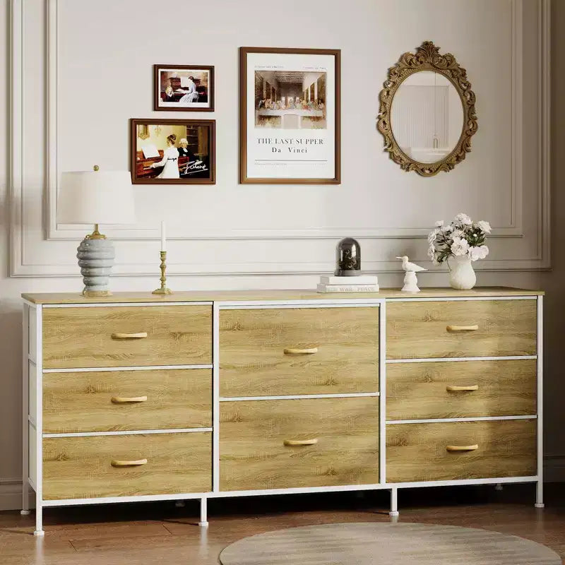 Mobile TV da 160 cm con 8 cassetti in tessuto, Centro Intrattenimento per TV da 45-65 pollici, Mobiletto Contenitore con Telaio in Metallo e Top in Legno per Soggiorno Camera da Letto