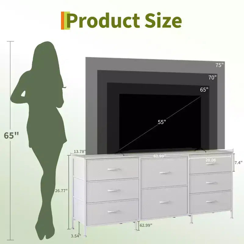 Mobile TV da 160 cm con 8 cassetti in tessuto, Centro Intrattenimento per TV da 45-65 pollici, Mobiletto Contenitore con Telaio in Metallo e Top in Legno per Soggiorno Camera da Letto