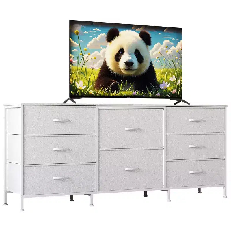 Mobile TV da 160 cm con 8 cassetti in tessuto, Centro Intrattenimento per TV da 45-65 pollici, Mobiletto Contenitore con Telaio in Metallo e Top in Legno per Soggiorno Camera da Letto