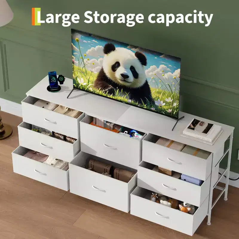 Mobile TV da 160 cm con 8 cassetti in tessuto, Centro Intrattenimento per TV da 45-65 pollici, Mobiletto Contenitore con Telaio in Metallo e Top in Legno per Soggiorno Camera da Letto