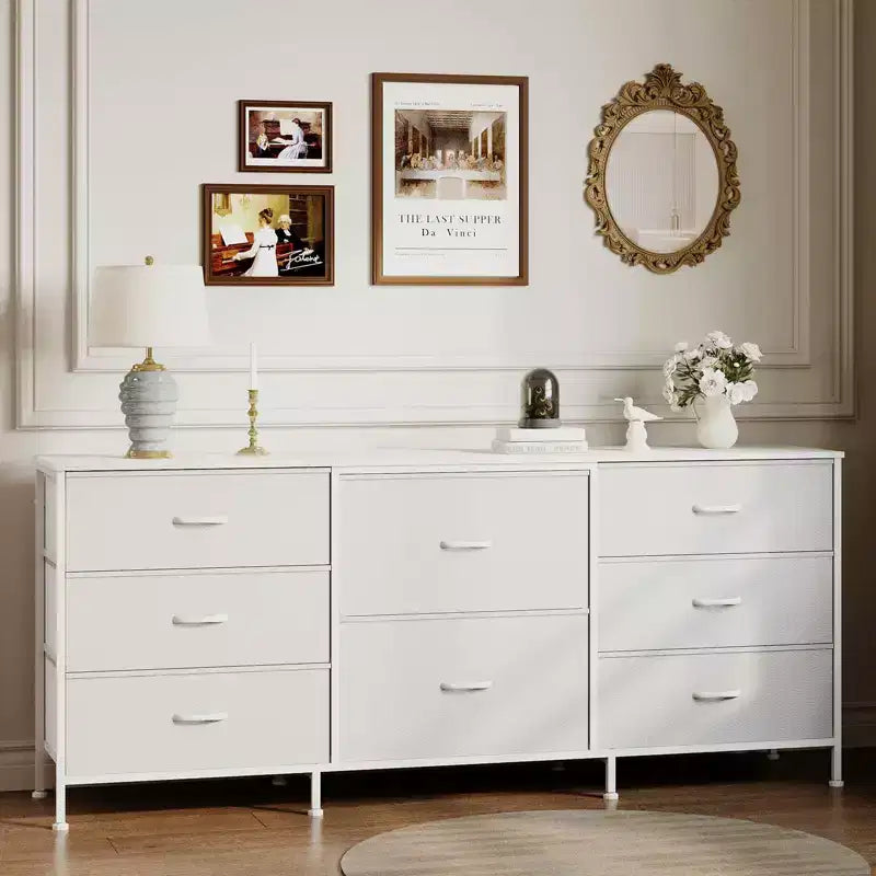 Mobile TV da 160 cm con 8 cassetti in tessuto, Centro Intrattenimento per TV da 45-65 pollici, Mobiletto Contenitore con Telaio in Metallo e Top in Legno per Soggiorno Camera da Letto