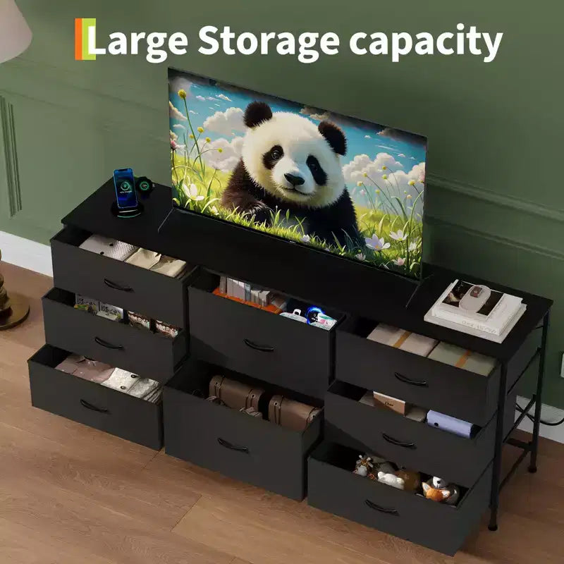 Mobile TV da 160 cm con 8 cassetti in tessuto, Centro Intrattenimento per TV da 45-65 pollici, Mobiletto Contenitore con Telaio in Metallo e Top in Legno per Soggiorno Camera da Letto