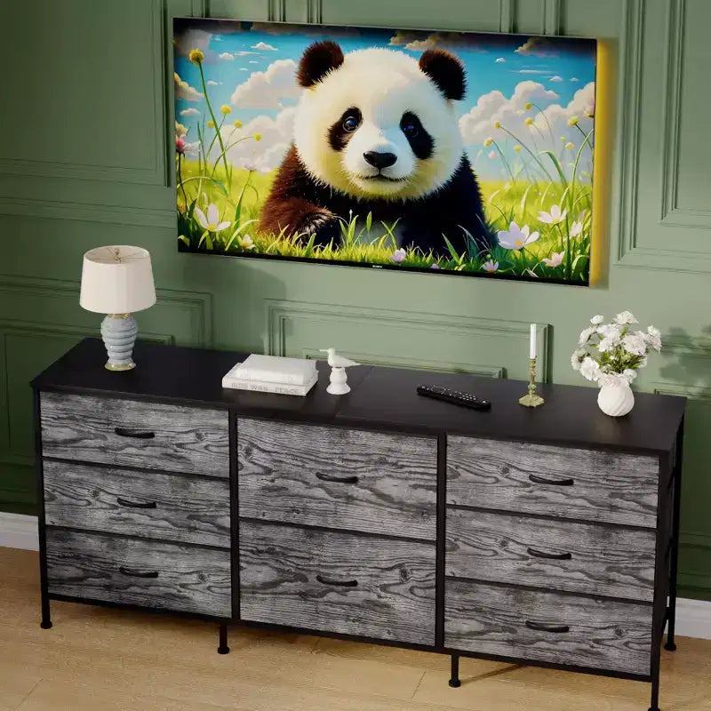 Mobile TV da 160 cm con 8 cassetti in tessuto, Centro Intrattenimento per TV da 45-65 pollici, Mobiletto Contenitore con Telaio in Metallo e Top in Legno per Soggiorno Camera da Letto