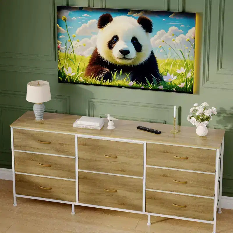 Mobile TV da 160 cm con 8 cassetti in tessuto, Centro Intrattenimento per TV da 45-65 pollici, Mobiletto Contenitore con Telaio in Metallo e Top in Legno per Soggiorno Camera da Letto