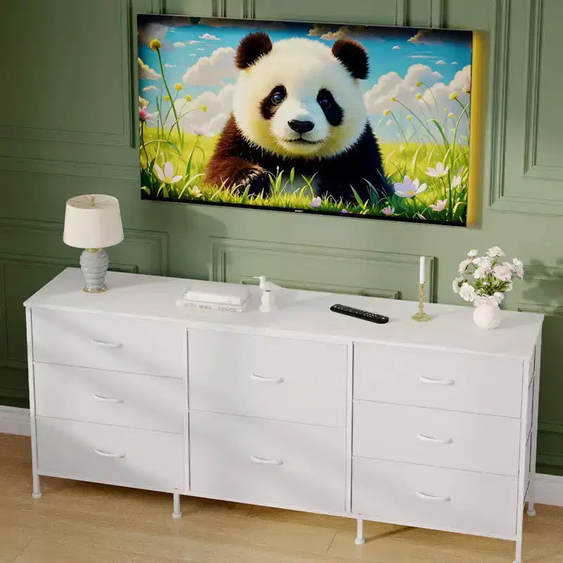Mobile TV da 160 cm con 8 cassetti in tessuto, Centro Intrattenimento per TV da 45-65 pollici, Mobiletto Contenitore con Telaio in Metallo e Top in Legno per Soggiorno Camera da Letto