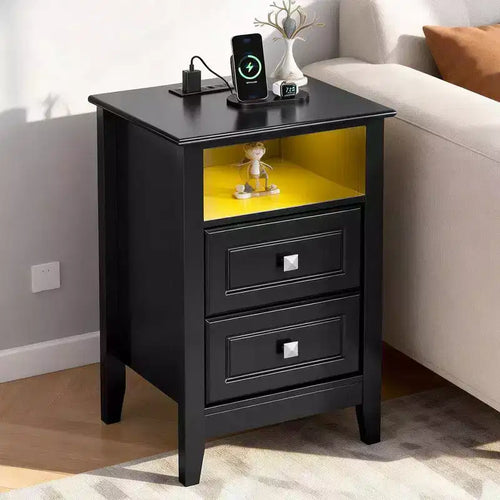 15.75 Inch 2 Drawer Nightstand with Shelf Power Outlets and RGB LED Lights