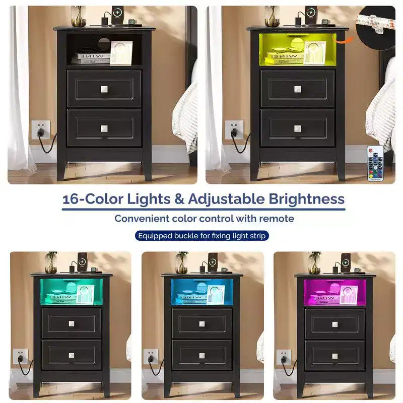 Comodino a 2 cassetti con presa elettrica e luci LED RGB da 40 cm