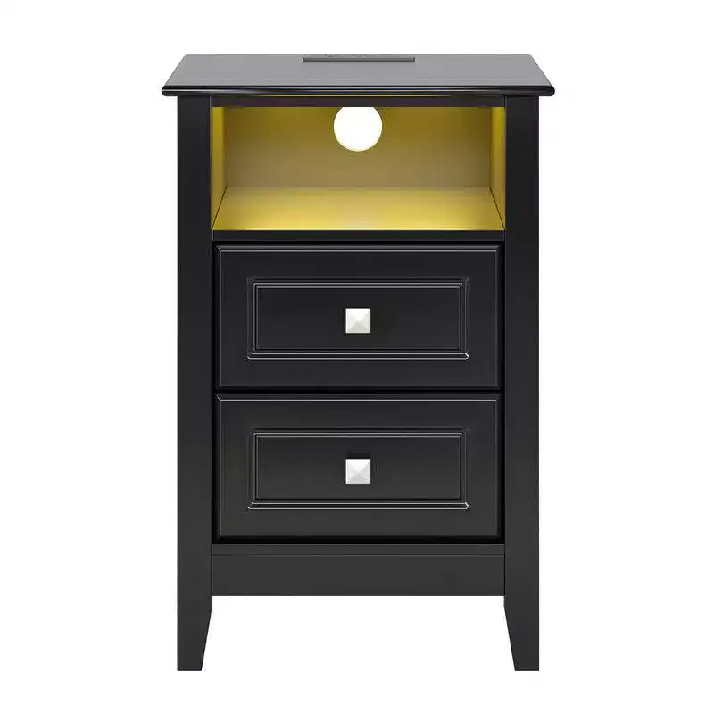 Comodino a 2 cassetti con presa elettrica e luci LED RGB da 40 cm
