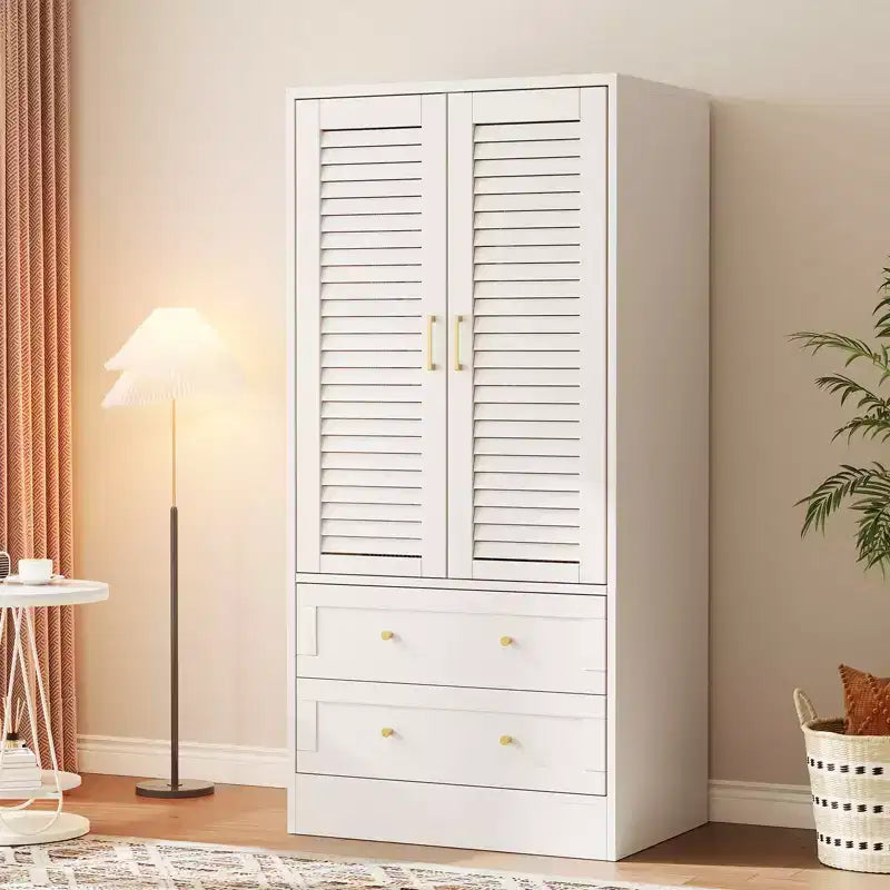 Armadio a persiana da 65", guardaroba resistente in legno con cassetti e asta appendiabiti, multiuso per lavanderia e ingresso