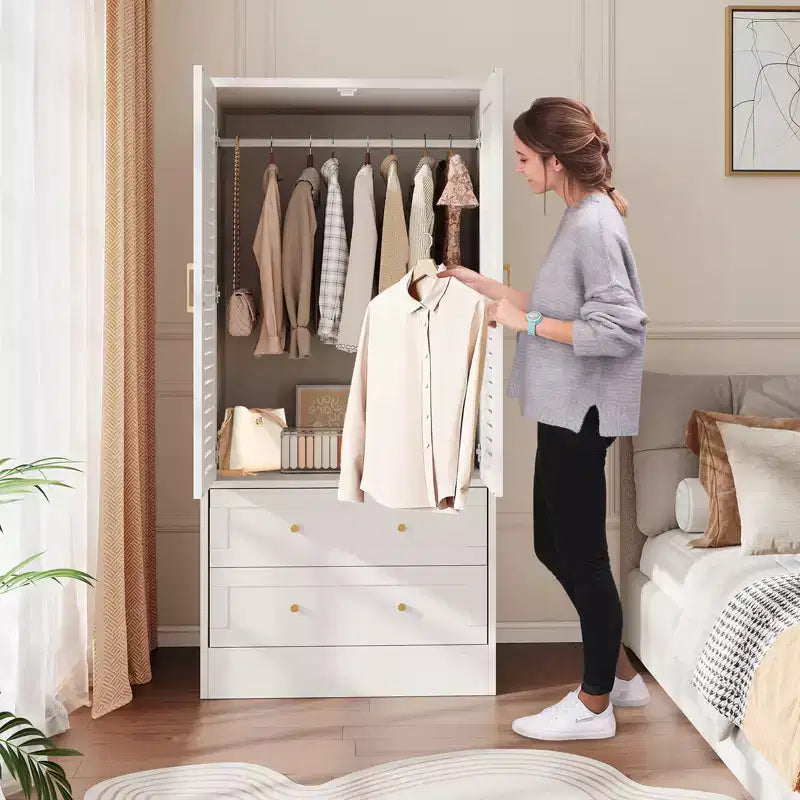 Armadio a persiana da 65", guardaroba resistente in legno con cassetti e asta appendiabiti, multiuso per lavanderia e ingresso
