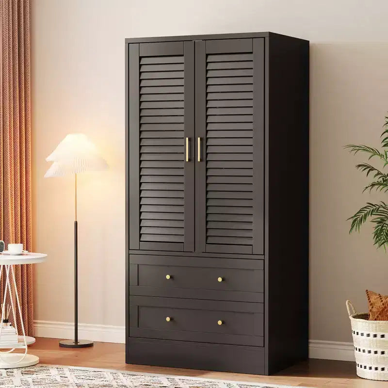 Armadio a persiana da 65", guardaroba resistente in legno con cassetti e asta appendiabiti, multiuso per lavanderia e ingresso
