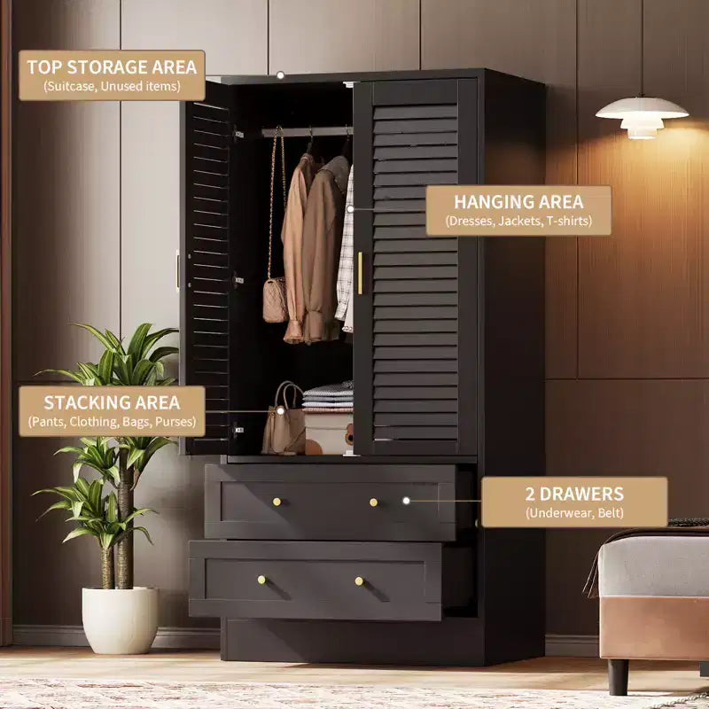 Armadio a persiana da 65", guardaroba resistente in legno con cassetti e asta appendiabiti, multiuso per lavanderia e ingresso