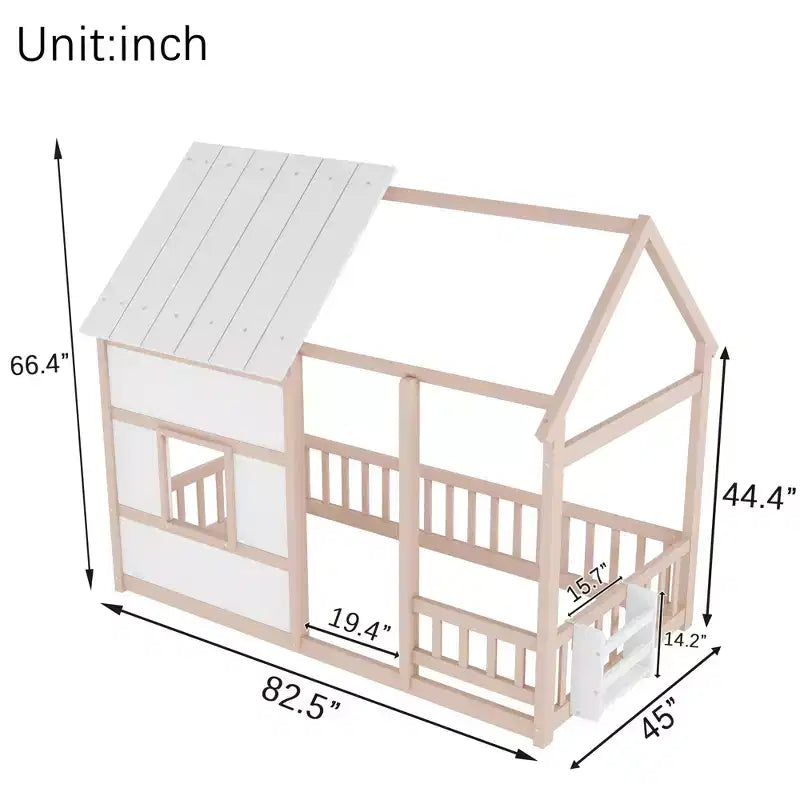 Letti a pavimento a forma di casetta con luce LED a 7 colori, telaio per letti a casetta in legno con finestra per bambini