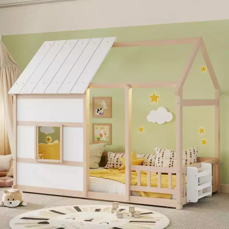 Letti a pavimento a forma di casetta con luce LED a 7 colori, telaio per letti a casetta in legno con finestra per bambini