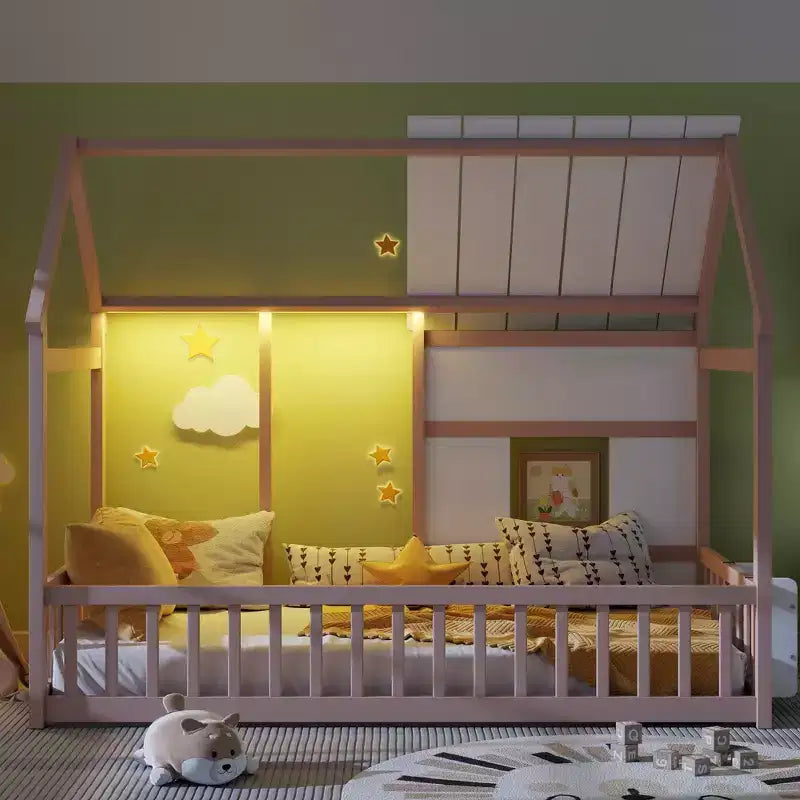 Letti a pavimento a forma di casetta con luce LED a 7 colori, telaio per letti a casetta in legno con finestra per bambini