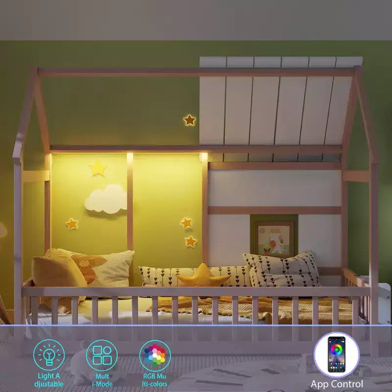 Letti a pavimento a forma di casetta con luce LED a 7 colori, telaio per letti a casetta in legno con finestra per bambini