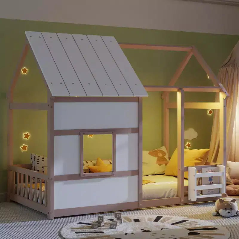 Letti a pavimento a forma di casetta con luce LED a 7 colori, telaio per letti a casetta in legno con finestra per bambini