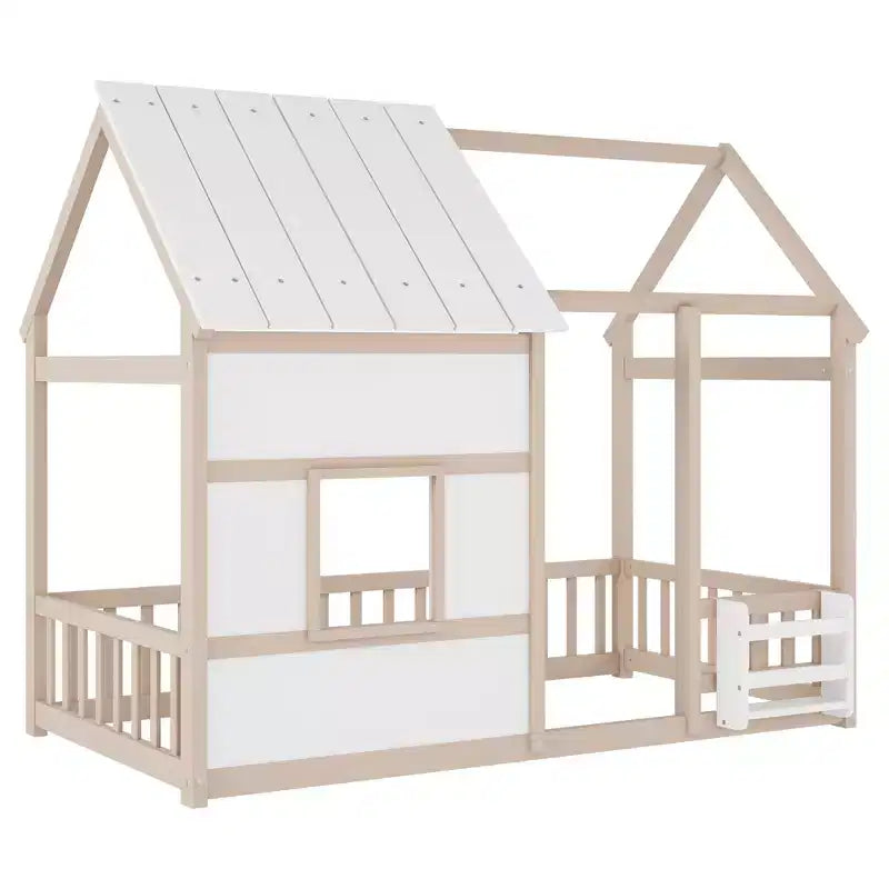 Letti a pavimento a forma di casetta con luce LED a 7 colori, telaio per letti a casetta in legno con finestra per bambini