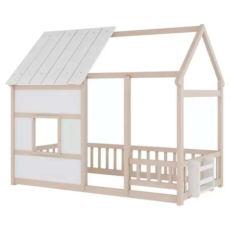 Letti a pavimento a forma di casetta con luce LED a 7 colori, telaio per letti a casetta in legno con finestra per bambini
