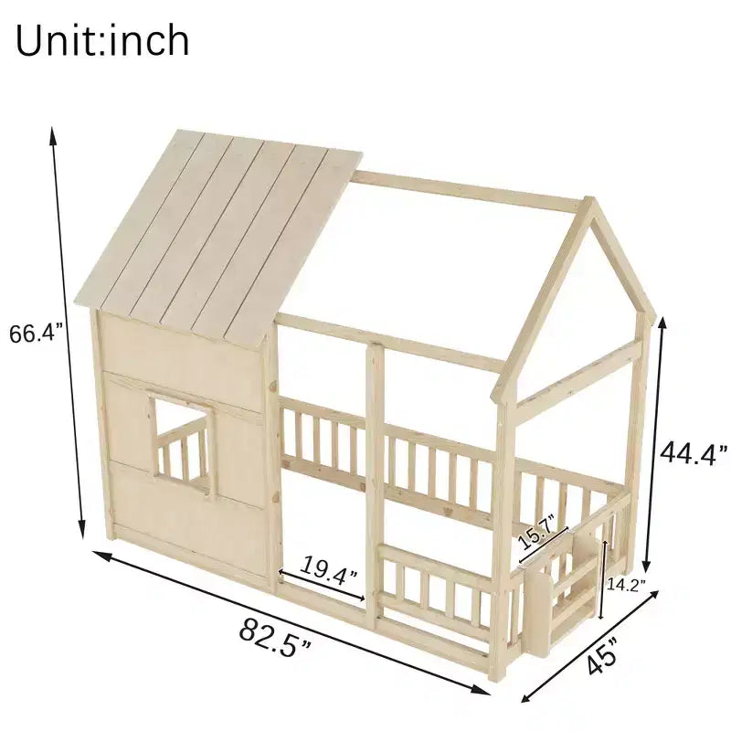 Letti a pavimento a forma di casetta con luce LED a 7 colori, telaio per letti a casetta in legno con finestra per bambini