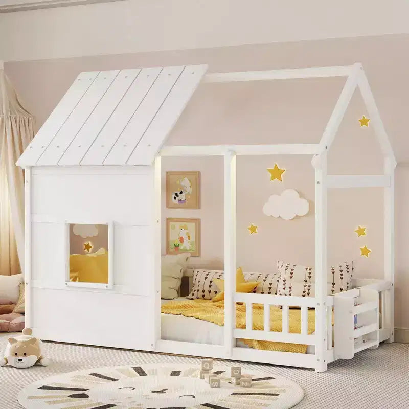 Letti a pavimento a forma di casetta con luce LED a 7 colori, telaio per letti a casetta in legno con finestra per bambini