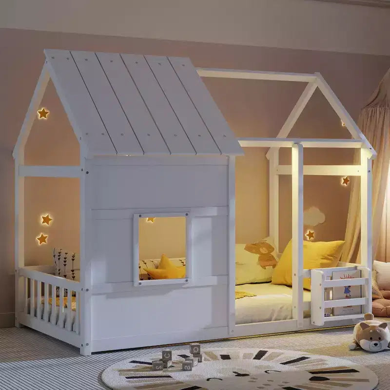 Letti a pavimento a forma di casetta con luce LED a 7 colori, telaio per letti a casetta in legno con finestra per bambini