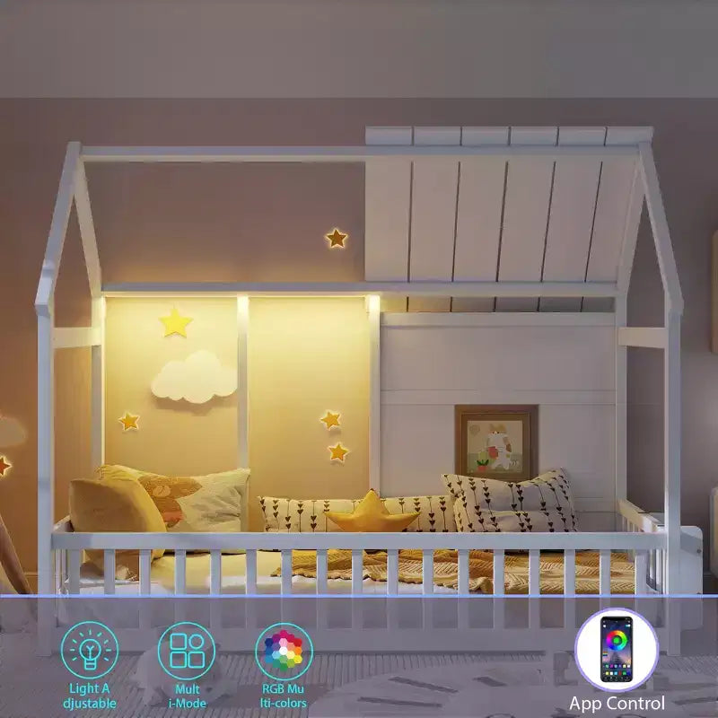 Letti a pavimento a forma di casetta con luce LED a 7 colori, telaio per letti a casetta in legno con finestra per bambini