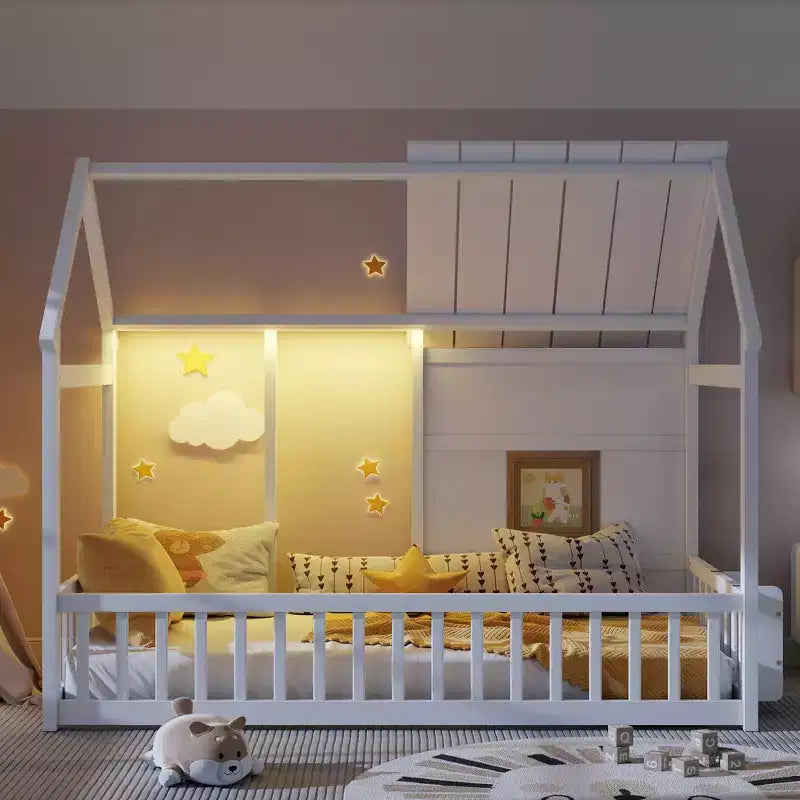 Letti a pavimento a forma di casetta con luce LED a 7 colori, telaio per letti a casetta in legno con finestra per bambini