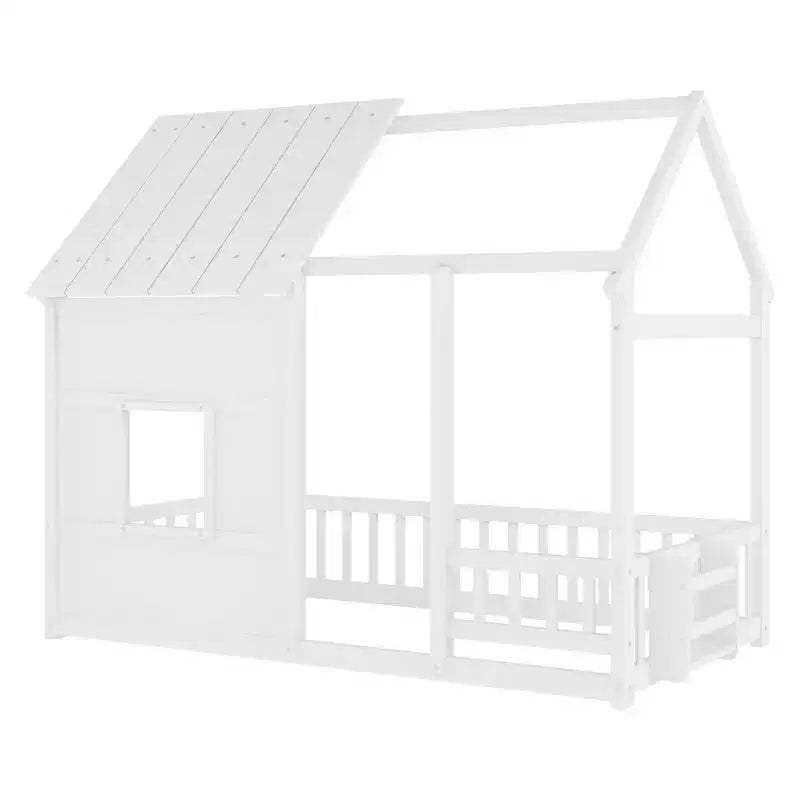 Letti a pavimento a forma di casetta con luce LED a 7 colori, telaio per letti a casetta in legno con finestra per bambini