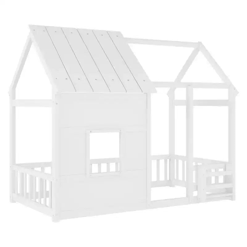 Letti a pavimento a forma di casetta con luce LED a 7 colori, telaio per letti a casetta in legno con finestra per bambini