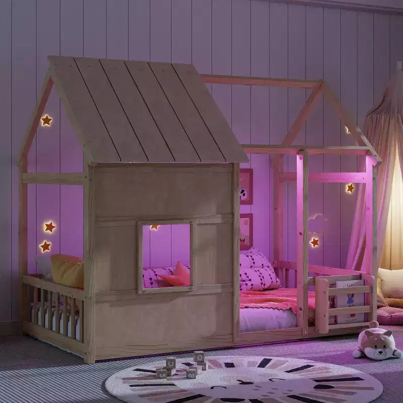 Letti a pavimento a forma di casetta con luce LED a 7 colori, telaio per letti a casetta in legno con finestra per bambini