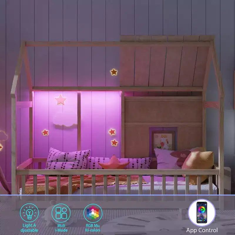 Letti a pavimento a forma di casetta con luce LED a 7 colori, telaio per letti a casetta in legno con finestra per bambini