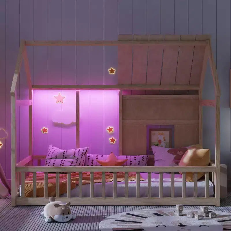 Letti a pavimento a forma di casetta con luce LED a 7 colori, telaio per letti a casetta in legno con finestra per bambini