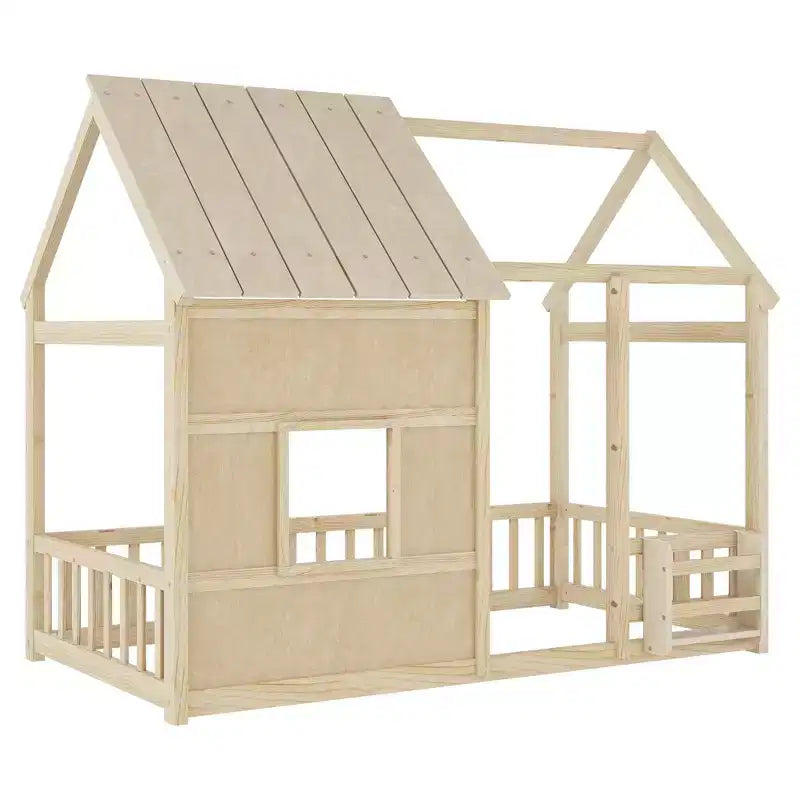 Letti a pavimento a forma di casetta con luce LED a 7 colori, telaio per letti a casetta in legno con finestra per bambini