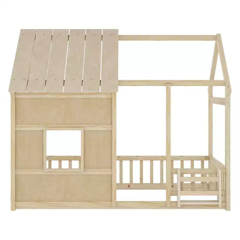 Letti a pavimento a forma di casetta con luce LED a 7 colori, telaio per letti a casetta in legno con finestra per bambini