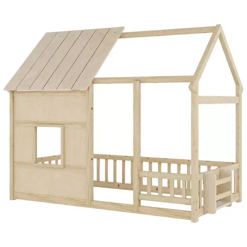 Letti a pavimento a forma di casetta con luce LED a 7 colori, telaio per letti a casetta in legno con finestra per bambini