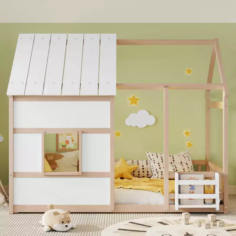 Letti a pavimento a forma di casetta con luce LED a 7 colori, telaio per letti a casetta in legno con finestra per bambini