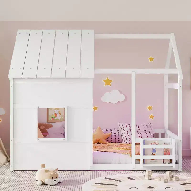 Letti a pavimento a forma di casetta con luce LED a 7 colori, telaio per letti a casetta in legno con finestra per bambini