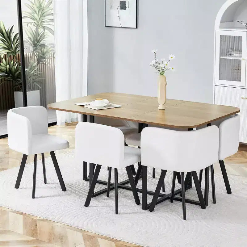 Mauricio Moderno Set da Pranzo da 7 Pezzi in Metallo Rivestito in Similpelle con Tavolo in Legno