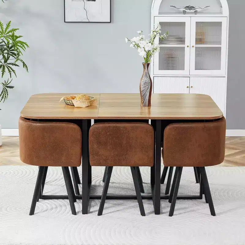 Mauricio Modern 7 Piece Metal Faux Leather Upholstered Dining Set with Wooden Table