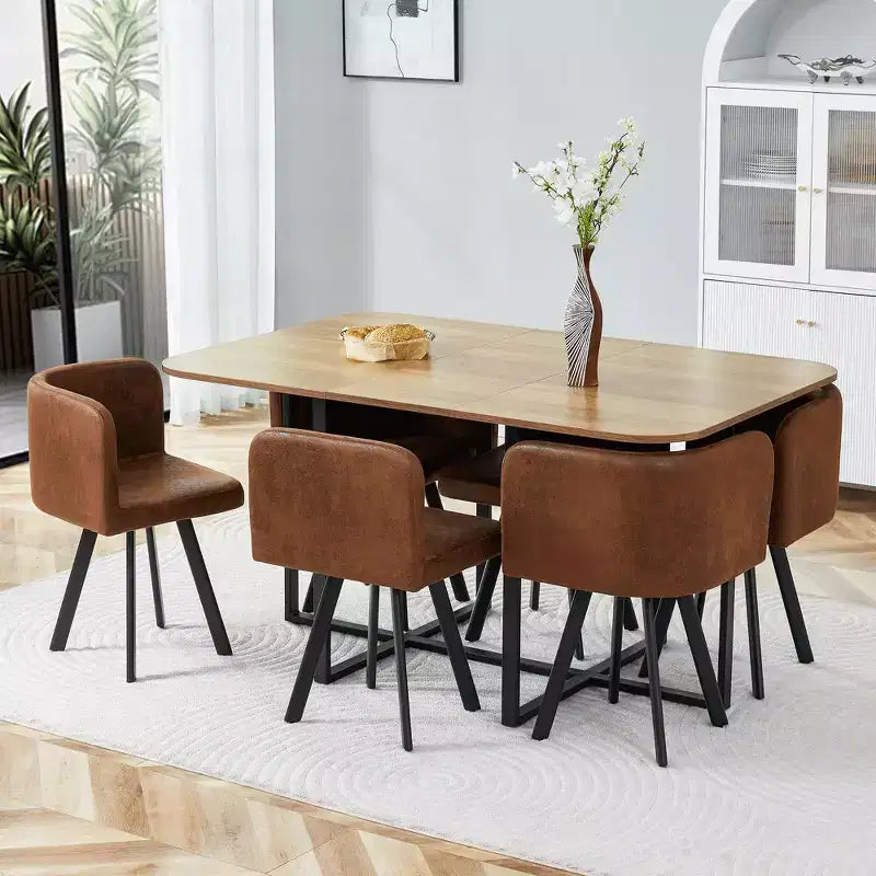 Mauricio Moderno Set da Pranzo da 7 Pezzi in Metallo Rivestito in Similpelle con Tavolo in Legno