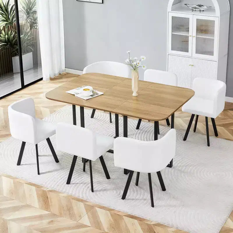 Mauricio Modern 7 Piece Metal Faux Leather Upholstered Dining Set with Wooden Table