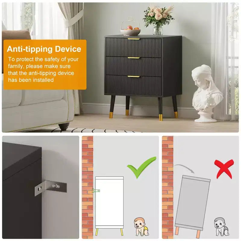 Credenza a 3 cassetti, 2 armadietti a coste con maniglie e guide in metallo, tavolo da buffet per soggiorno, corridoio, cucina, nero