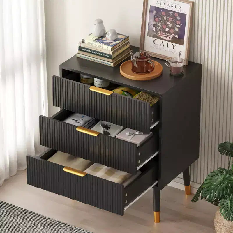 Credenza a 3 cassetti, 2 armadietti a coste con maniglie e guide in metallo, tavolo da buffet per soggiorno, corridoio, cucina, nero