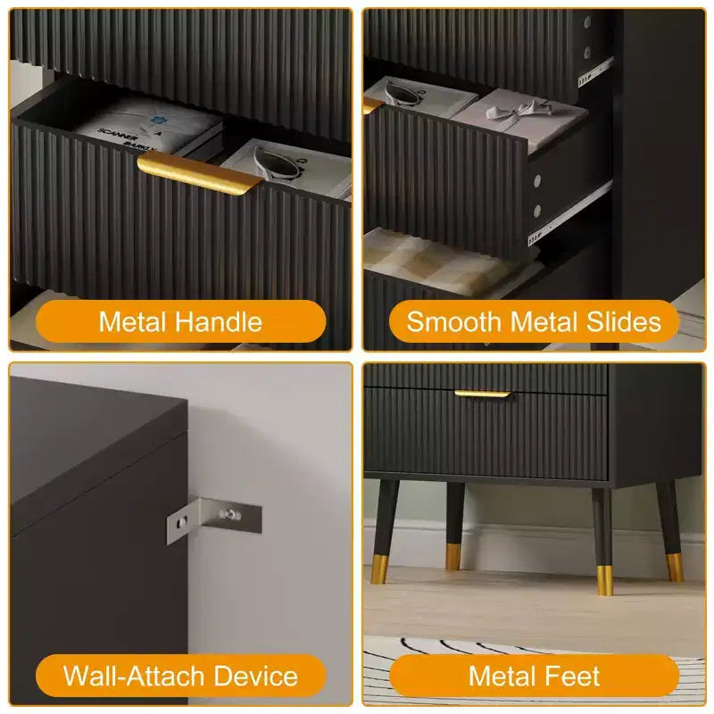 Credenza a 3 cassetti, 2 armadietti a coste con maniglie e guide in metallo, tavolo da buffet per soggiorno, corridoio, cucina, nero