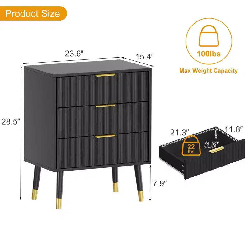 Credenza a 3 cassetti, 2 armadietti a coste con maniglie e guide in metallo, tavolo da buffet per soggiorno, corridoio, cucina, nero