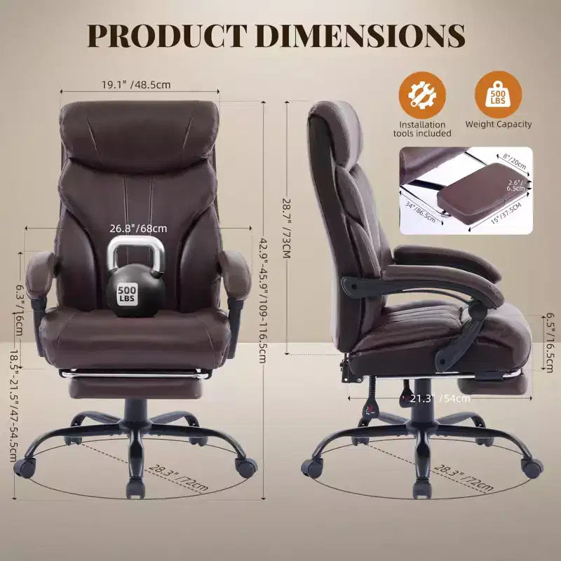 Sedia da Ufficio Grande e Robusta, Capacità 500 libbre, Sedia Direzionale Reclinabile con Poggiapiedi, Sedia da Scrivania Ergonomica in Pelle, Caffè