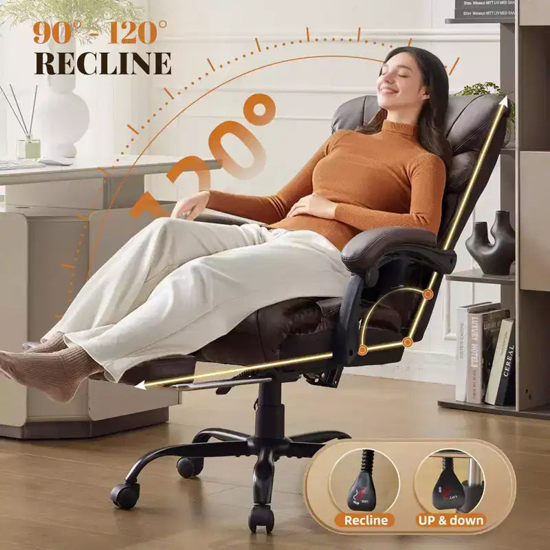 Sedia da Ufficio Grande e Robusta, Capacità 500 libbre, Sedia Direzionale Reclinabile con Poggiapiedi, Sedia da Scrivania Ergonomica in Pelle, Caffè