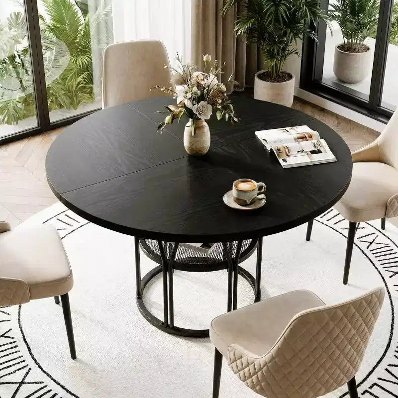 Tavolo da Pranzo Rotondo Moderno da 47 Pollici per 4-6 Persone, Tavolo da Cena Rotondo per Cucina con Scaffale Contenitore e Robusta Struttura in Metallo per Sala da Pranzo e Appartamento